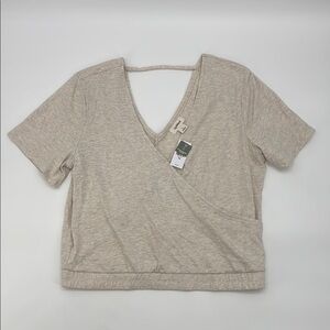 Upwest Women's Open back Wrap Tee V-Neck Top in Heather Oatmeal size Large NWT